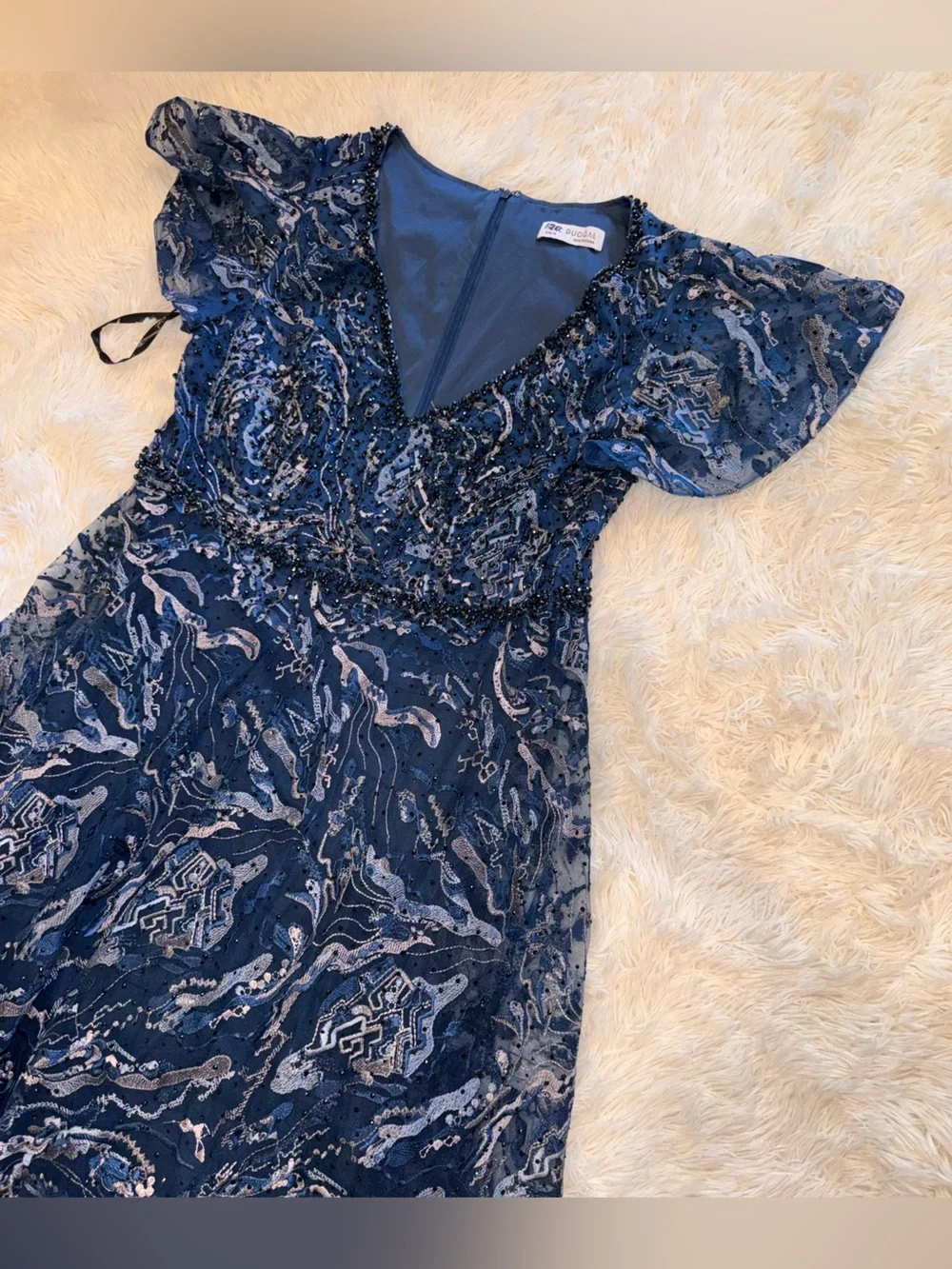 New Mac Duggal 20301 Navy Embellished Illusion Butterfly Sleeve A-Line Gown 18